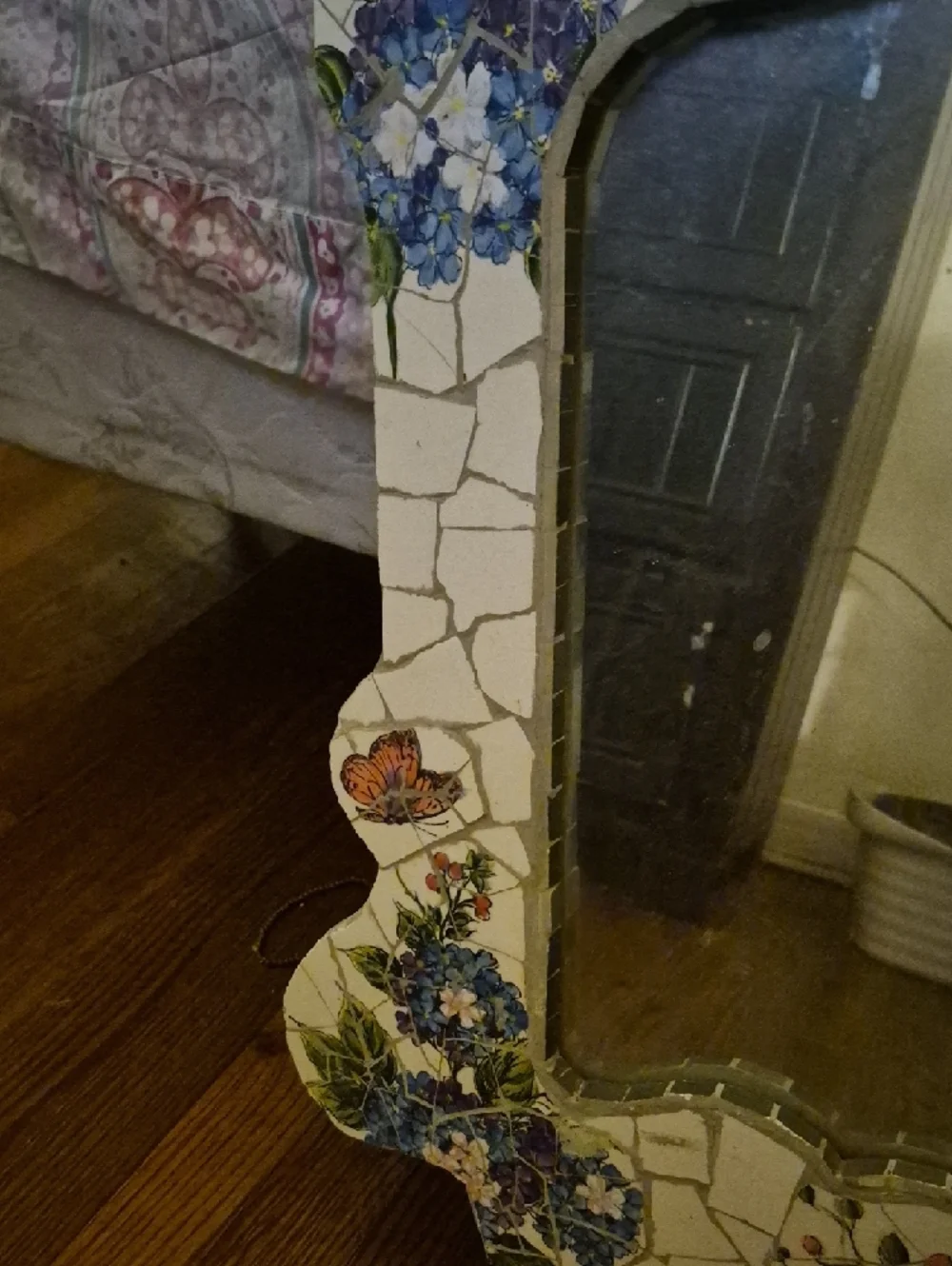 Handmade Mosaic Floral Mirror with Blue Hydrangeas and Butterflies